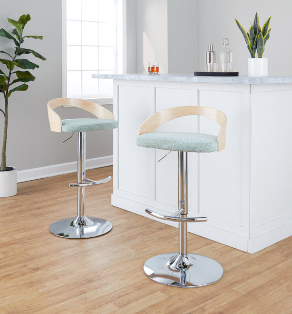 English Elm Adjustable Swivel Barstools Set of 3 Chrome Base Natural Wood Green Fabric Seat B202S02018