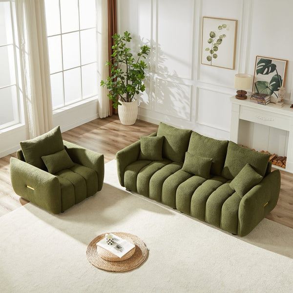 English Elm 3 Plus 1 Seater Teddy Fleece Sofa Set Wooden Frame Foam Spring Living Room Pair Green W1193S00187
