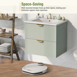 English Elm Modern 24-Inch Wall-Mounted Bathroom Vanity with 2 Drawers, Gold Handles, Space-Saving Luxury Green WF324047AAF