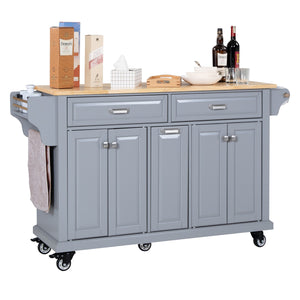 English Elm Kitchen Island Rubber Wood Countertop Mobile Cart with Towel & Spice Racks, Drawers, Storage Wheels Grey W914P147989