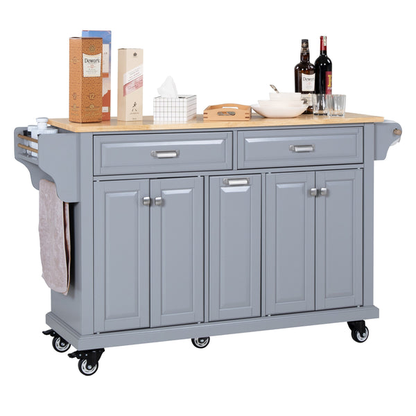 English Elm Kitchen Island Rubber Wood Countertop Mobile Cart with Towel & Spice Racks, Drawers, Storage Wheels Grey W914P147989