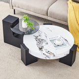 English Elm Modern Simple Double-Layer Round Coffee Table - Transparent Gray Glass Top With Black Mdf L-Shaped Legs.The Detachable Design Can Make The Use Of Space More Flexible.