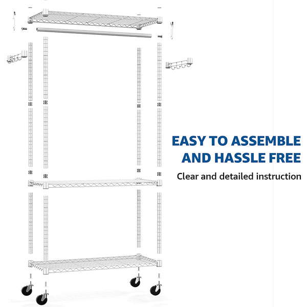 English Elm Heavy Duty Rolling Garment Rack Three Tier Wire Shelving with Hooks for Closet W5386P503916