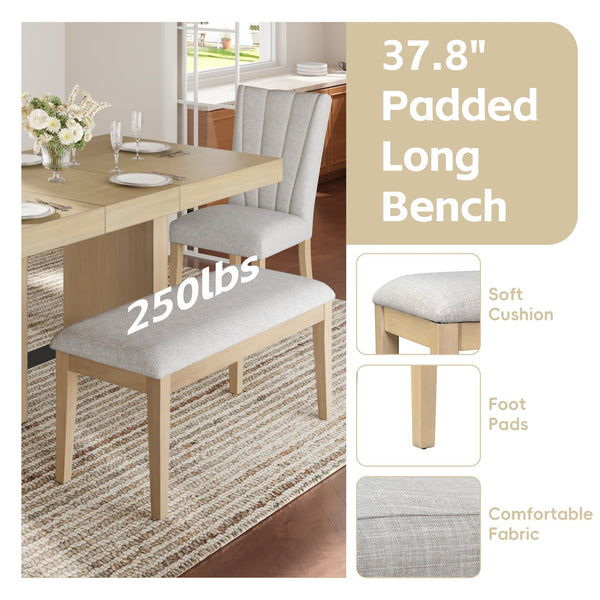 English Elm TOPMAX Solid Wood Extendable Dining Table Set for 6 with 18" Leaf, Trestle Legs, Cushioned Bench & Chairs Natural SP000089AAA