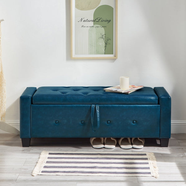 English Elm 48" Storage Ottoman Bench with Tufted Faux Leather Upholstery, Solid Wood Frame & 300lb Capacity Blue W1097P338780