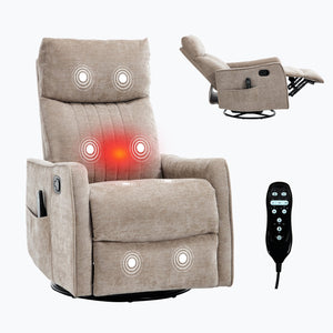 English Elm Beige Fabric Swivel Rocker Recliner with Massage Nodes and Lumbar Heat for Living Room Khaki W1803P363422