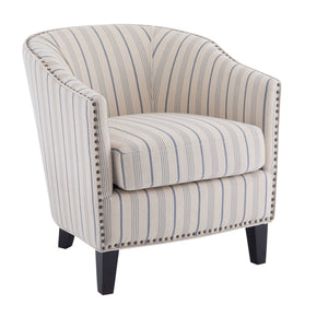 English Elm Christopher Knight Home® - Upholstered Stripe Barrel Chair Beige & Blue Fabric Club Seat with Studs, Plush Cushion, Wood Legs N776P237271S