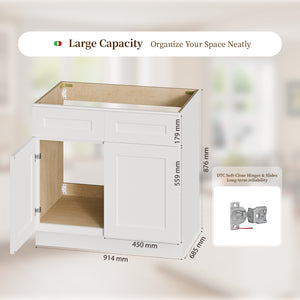 English Elm 36" Solid Wood Shaker Sink Base Cabinet White Two Door Soft Close Kitchen Bath T2950P476953