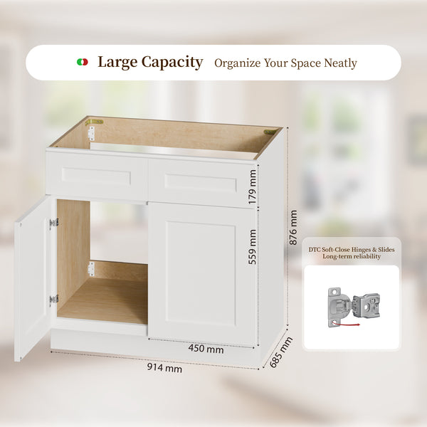 English Elm 36" Solid Wood Shaker Sink Base Cabinet White Two Door Soft Close Kitchen Bath T2950P476953