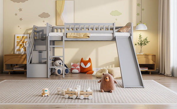 English Elm Stairway Twin Loft Bed with Storage Staircase Slide and Guardrails for Kids Gray LT000515AAE-1