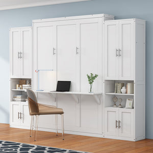 English Elm Full Murphy Bed with Desk & 2 Bookshelves, USB Ports, Adjustable Shelves, 600LB Capacity White BS7013008109C