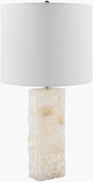 Surya Falaise 25" Accent Table Lamp - Chic Arts & Crafts Design With Elegant Linen Shade For Your Home Body, Cream,Shade (Outside), Cream,Shade (Inside), White,Finial, Metallic ,Nickel,Harp, Metallic ,Nickel,Cord, Translucent Stone,Linen,Iron Fal-004
