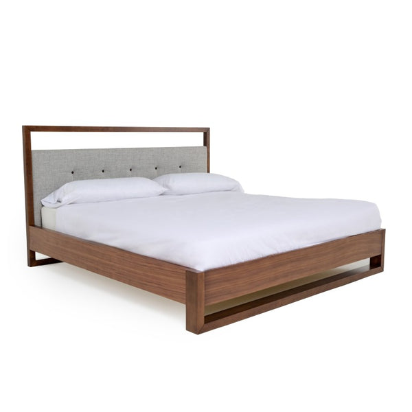 VIG Furniture California King Falcor Bed — Mid-Century Modern Walnut Veneer Frame With Button-Tufted Grey Upholstery, 440 Lb Capacity, 6" Clearance VGMABR-107-BED-CK