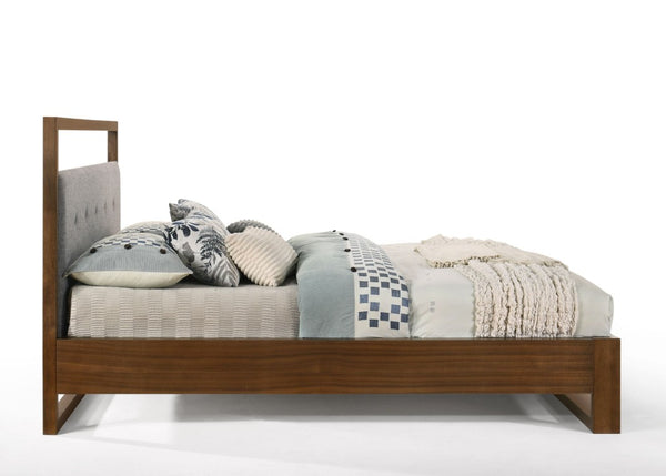 VIG Furniture Eastern King Falcor Mid-Century Walnut Veneer Bed With Tufted Grey Fabric Headboard, Slat Support VGMABR-107-BED-EK