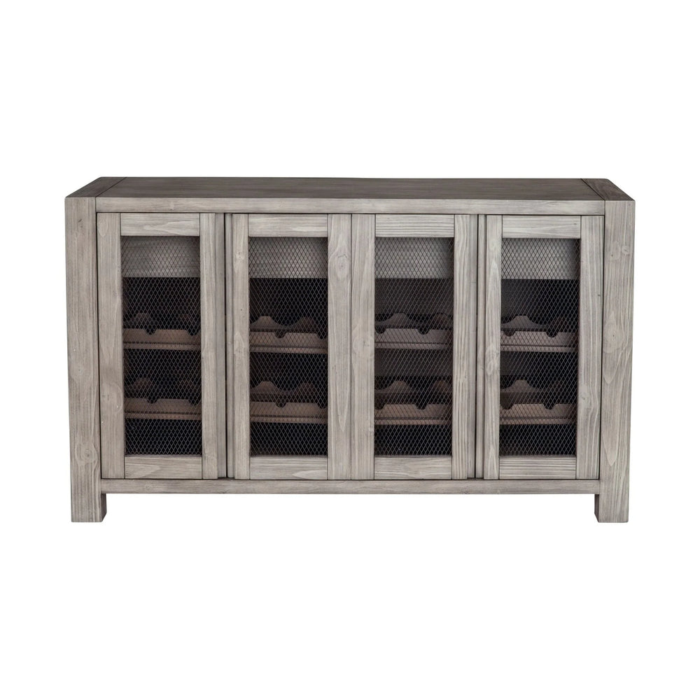 Alpine Furniture Fallon Rustic Pine Sideboard with Mesh Doors Wine Storage and Industrial Bolt Detail 3394-04