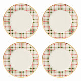 Holiday Plaid Porcelain Dinner Plates, Set of 4 with 24k Gold Accents, Dishwasher Safe