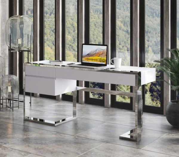 VIG Furniture Fauna Modern White High Gloss Desk With Chrome Stainless Steel Frame, 63" Workspace, 3 Drawers VGBBBN-2DK-WHT-DESK