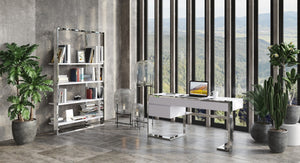 VIG Furniture Fauna Modern White High Gloss Desk With Chrome Stainless Steel Frame, 63" Workspace, 3 Drawers VGBBBN-2DK-WHT-DESK