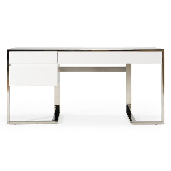 VIG Furniture Fauna Modern White High Gloss Desk With Chrome Stainless Steel Frame, 63" Workspace, 3 Drawers VGBBBN-2DK-WHT-DESK