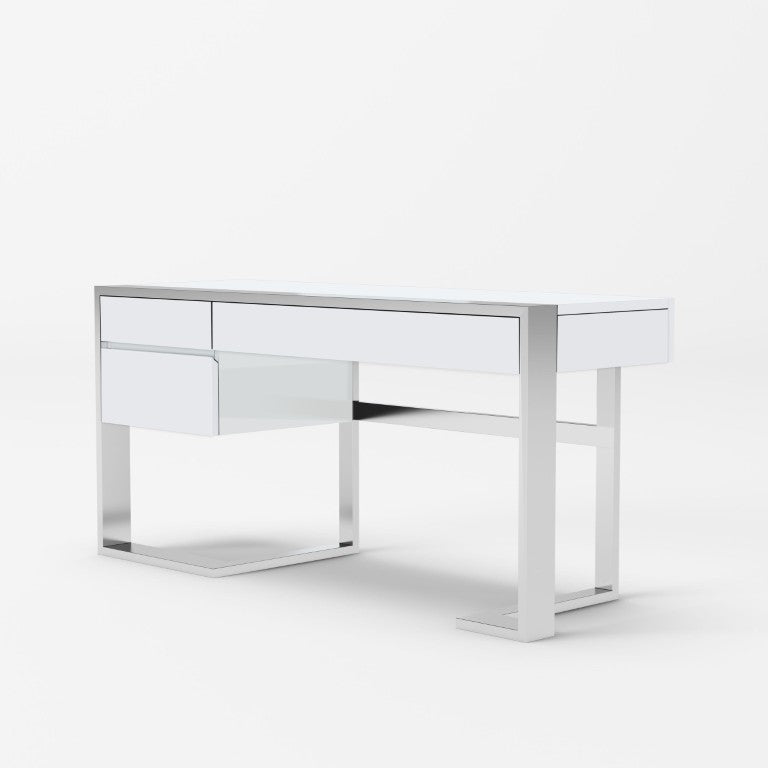 VIG Furniture Fauna Modern White High Gloss Desk With Chrome Stainless Steel Frame, 63" Workspace, 3 Drawers VGBBBN-2DK-WHT-DESK