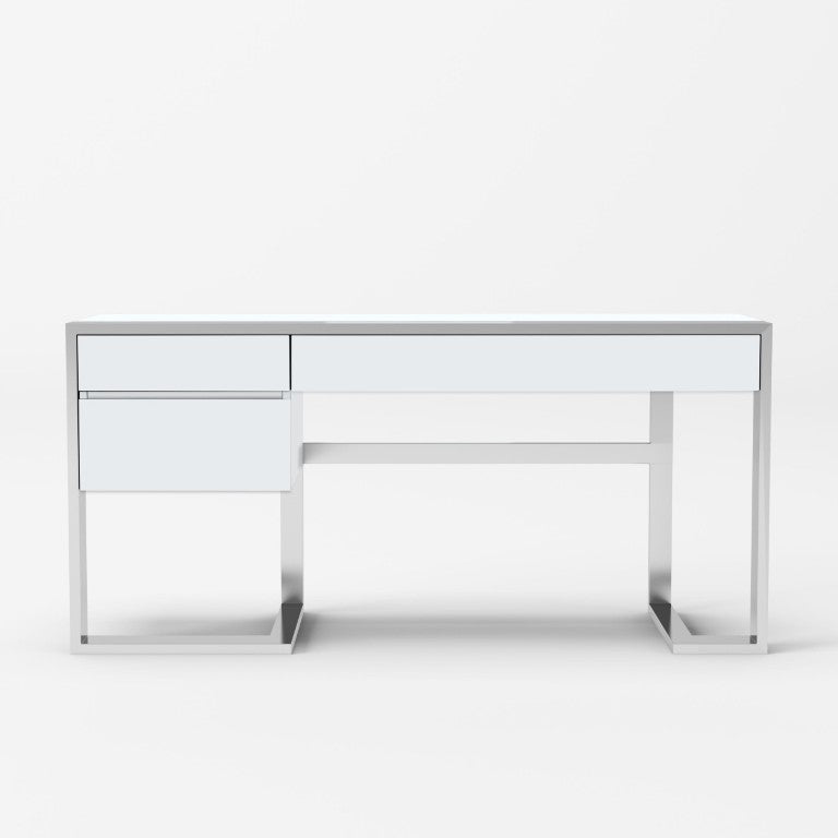 VIG Furniture Fauna Modern White High Gloss Desk With Chrome Stainless Steel Frame, 63" Workspace, 3 Drawers VGBBBN-2DK-WHT-DESK