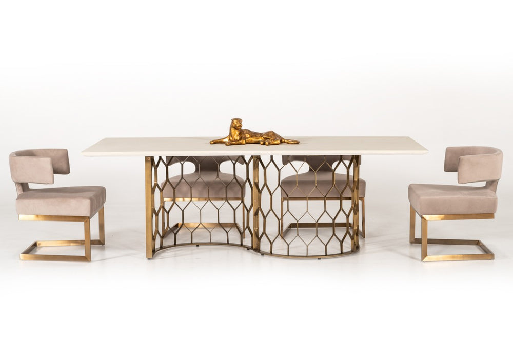 VIG Furniture Faye White Concrete Dining Table With Sculptural Antique Brass Base — Seats 6–8, Durable Modern Centerpiece VGLBCHAR-DT220