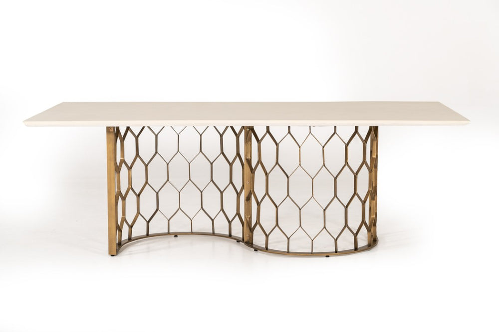 VIG Furniture Faye White Concrete Dining Table With Sculptural Antique Brass Base — Seats 6–8, Durable Modern Centerpiece VGLBCHAR-DT220