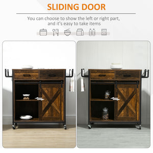 English Elm HOMCOM Rustic Brown Industrial Kitchen Cart with Rolling Wheels, Adjustable Shelf, Drawers & Barn Door Storage W2225P217417