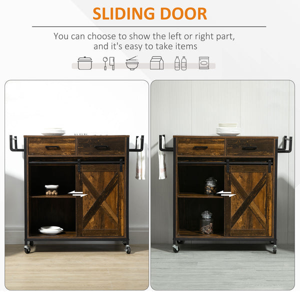 English Elm HOMCOM Rustic Brown Industrial Kitchen Cart with Rolling Wheels, Adjustable Shelf, Drawers & Barn Door Storage W2225P217417