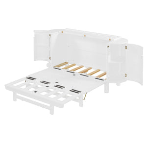 English Elm Full Murphy Bed with Woven Rattan Cabinet Front and Built-in Side Storage Units White LP000599AAK