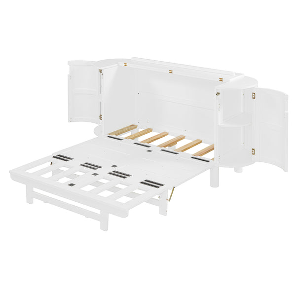 English Elm Full Murphy Bed with Woven Rattan Cabinet Front and Built-in Side Storage Units White LP000599AAK
