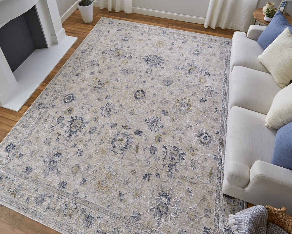Feizy Rugs Pasha Collection Vibrant Floral Low Pile Rug – Stain-resistant, Soft, And Perfect For High-traffic Areas Ivory,Taupe,Blue Polyester Pas39m7fbgeblug01