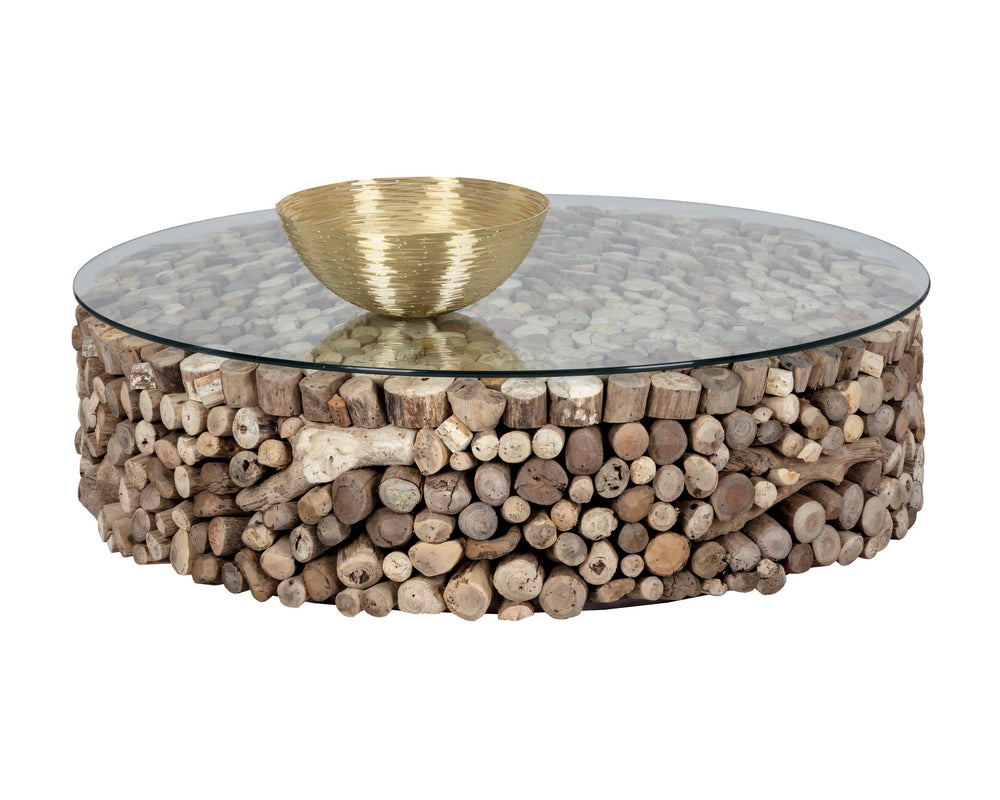 Sunpan Bickford Handcrafted Driftwood Coffee Table with Tempered Glass Top – Unique Rustic Modern Design