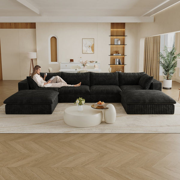 English Elm 157.6" Corduroy Modular Cloud Sofa Feather Fill Deep Lounge Seating for Living Room Black W2824S00184