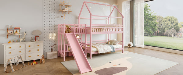 English Elm Full Bunk Bed with Trundle Bookshelf Storage Pine Frame Car Design for Kids Pink W1580S00304
