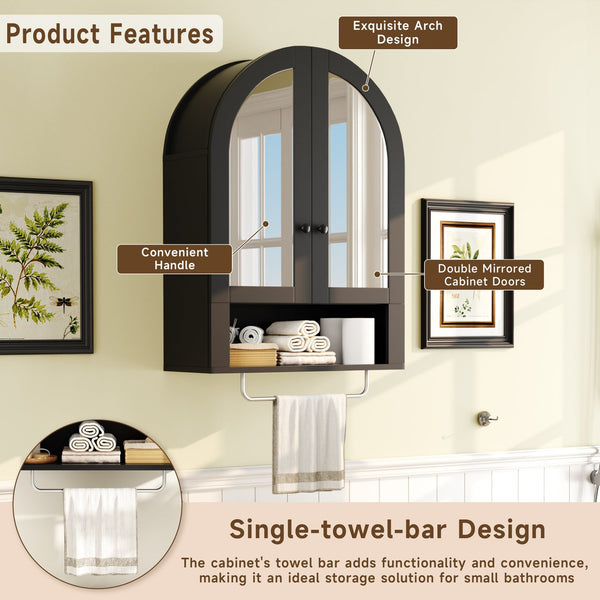 English Elm Wall Mounted Arched Cabinet Tempered Glass Doors Led Lighting Adjustable Shelves Bathroom Black T3210P471557