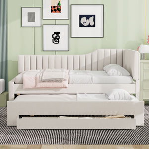 English Elm Full Upholstered Daybed with Trundle and Three Drawers, Linen-Blend Fabric, Space-Saving Guest Bed, Storage-Friendly Design Beige DL002058AAA