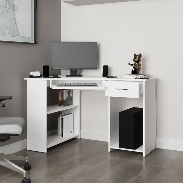 English Elm EKKO L-Shaped Corner Computer Desk with Drawer, Shelves & CPU Compartment, Scratch-Resistant Workstation White 51.97 L x 29.13 W x 3.15 H B128P387079