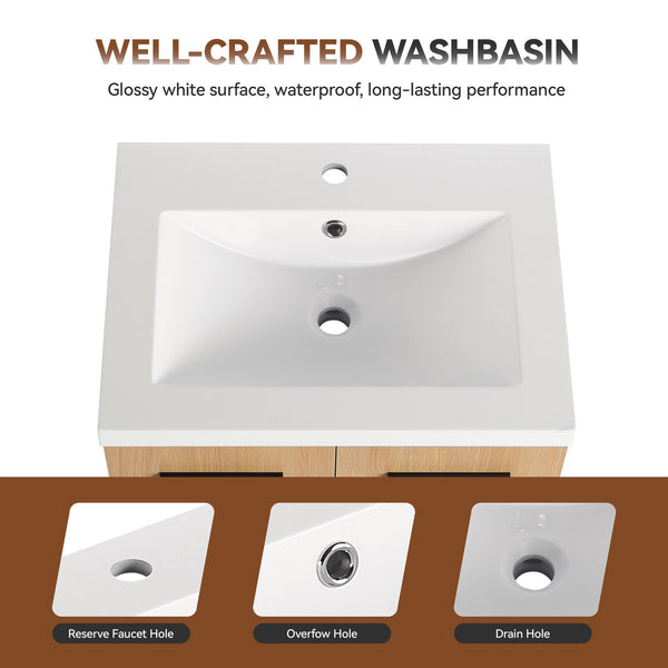 English Elm 24" Floating Oak Plywood Bathroom Vanity Set with Glossy Resin Sink Scandinavian Style W3450S00068