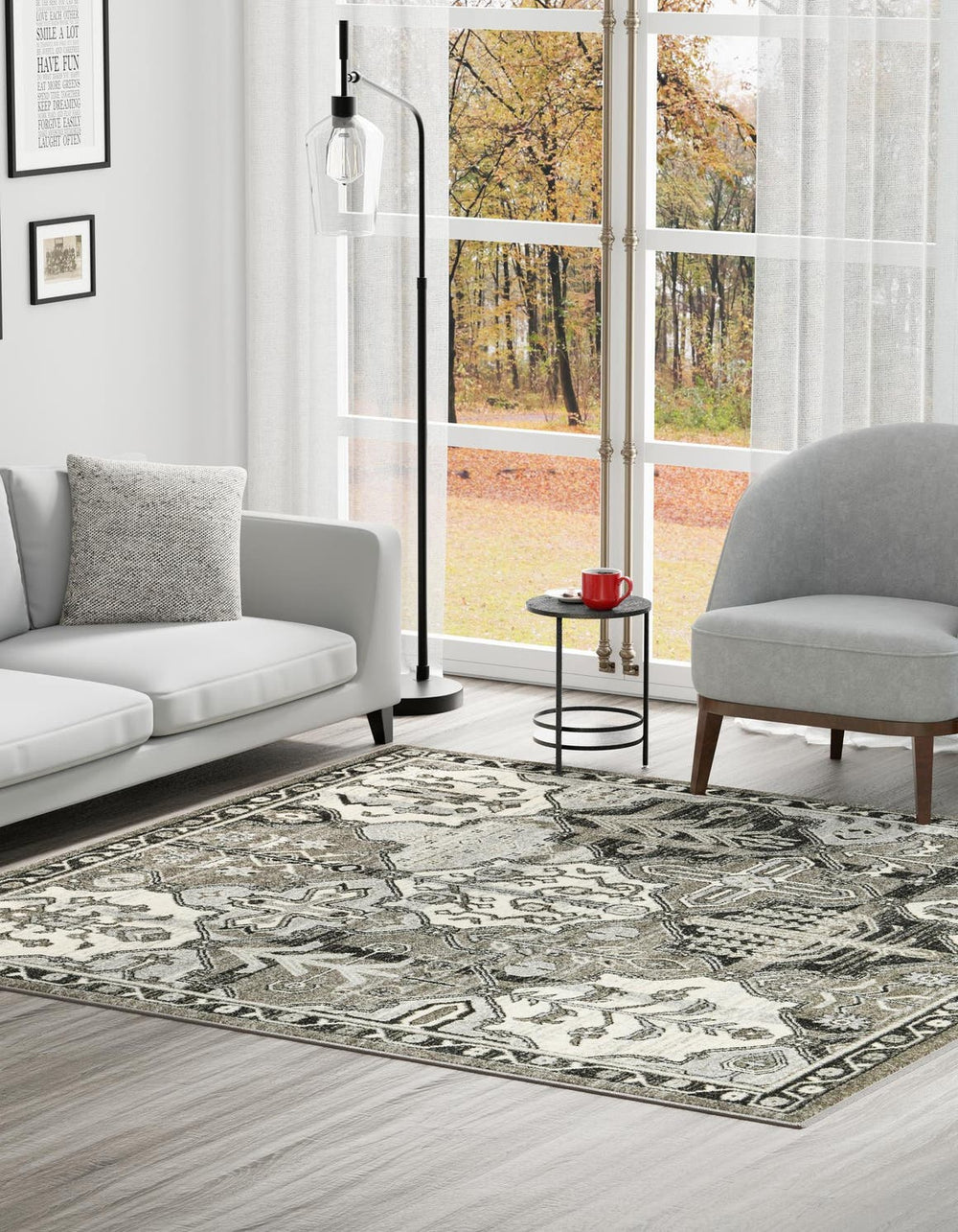 Unique Loom La Jolla Cathedral Machine Made Geometric Rug Gray, Black/Ivory/Silver 8' 0" x 8' 0"