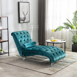 English Elm Velvet Curved Chaise Lounge Sofa with Button-Tufted Back, Thick Foam Comfort and Acrylic Legs for Living Room Relaxation Teal W39538678
