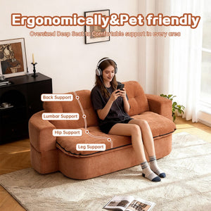 English Elm Modern Floor Sofa with Hidden Quilt & 2 Pillows, Convertible Chenille Foam Sleeper Bed for Small Spaces Caramel W3565P355007