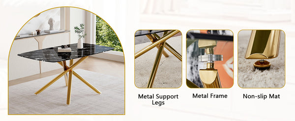 English Elm Table and Chair Set Marble Tempered Glass Top Golden Fork Base with Four Pu Seats Black+Gold,White W1151S04785