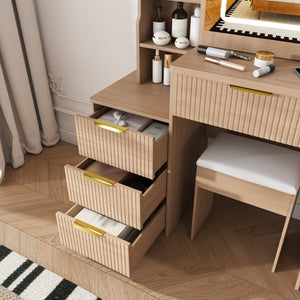 English Elm Modern Makeup Vanity Desk with Led Lighting Four Drawers Mirror and Built-in Power Outlet Walnut W509P465831