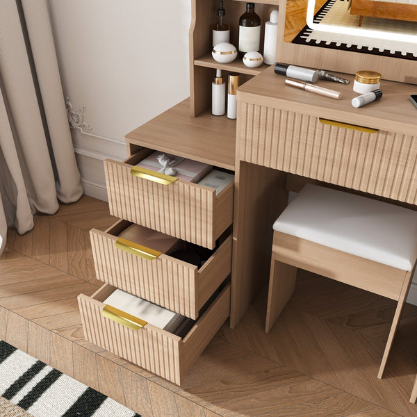 English Elm Modern Makeup Vanity Desk with Led Lighting Four Drawers Mirror and Built-in Power Outlet Walnut W509P465831
