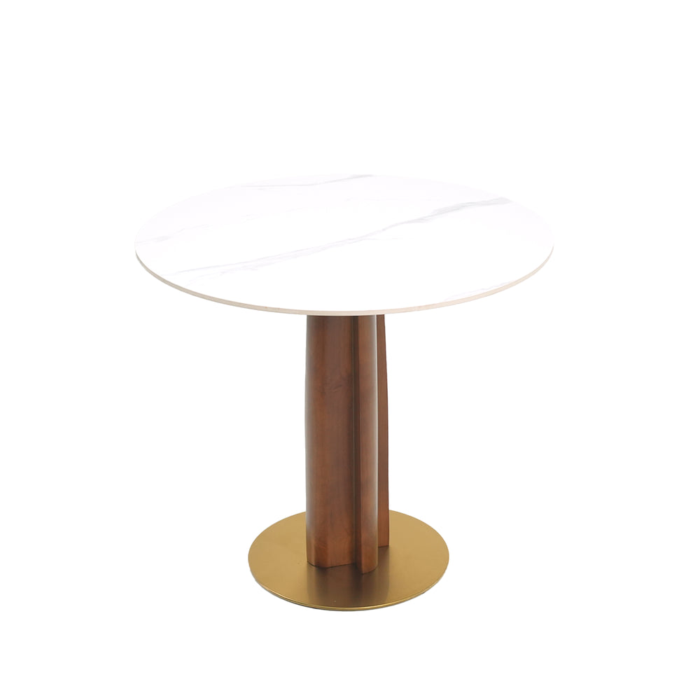 English Elm Modern Round Dining Table - 33.5" Sintered Stone Top, Wooden Legs & Gold Base For Small Spaces W1535S00608
