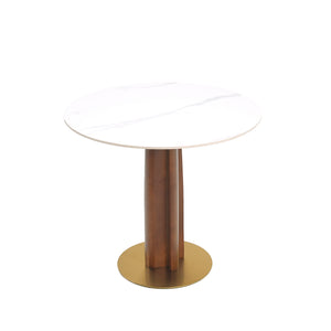 English Elm Modern Round Dining Table - 33.5" Sintered Stone Top, Wooden Legs & Gold Base For Small Spaces W1535S00608