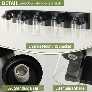 English Elm 5-Light Matte Black Farmhouse Vanity Light 31" with Clear Glass Shades, Water-Resistant LED Sconce for Bath W2312P389979
