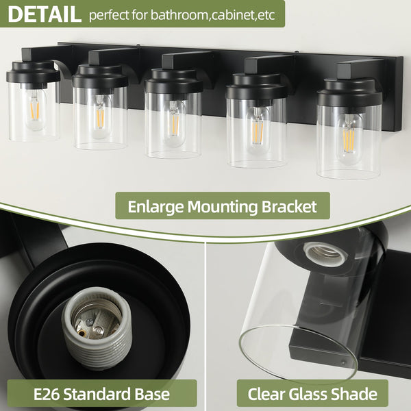 English Elm 5-Light Matte Black Farmhouse Vanity Light 31" with Clear Glass Shades, Water-Resistant LED Sconce for Bath W2312P389979