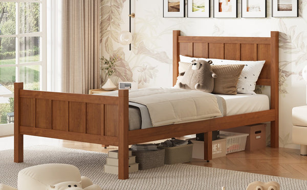 English Elm Twin Platform Bed Vertical Slat Headboard Farmhouse Shaker Wood Grain Finish Bedroom Walnut N733P422478D